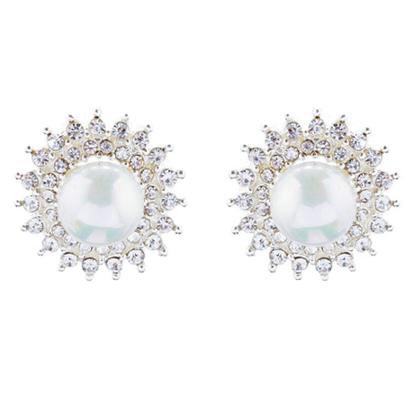 Bridal Wedding Jewelry Crystal Rhinestone Pearl Sunburst Earrings E1017 Silver