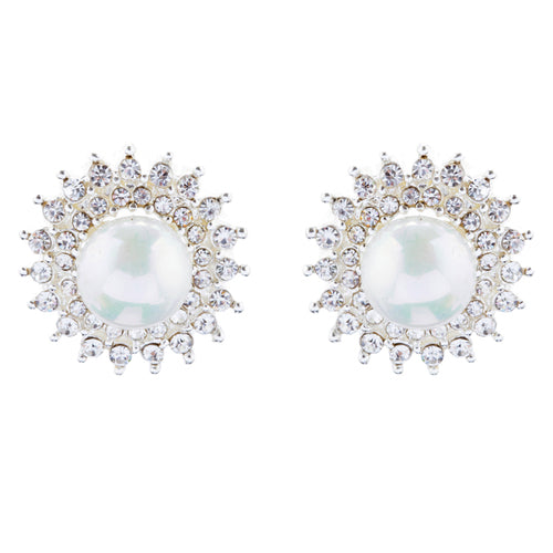 Bridal Wedding Jewelry Crystal Rhinestone Pearl Sunburst Earrings E1017 Silver