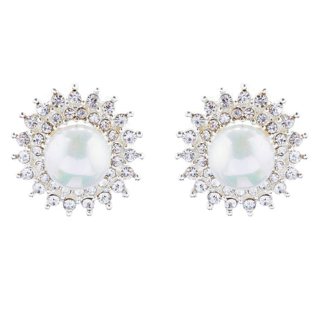 Bridal Wedding Jewelry Crystal Rhinestone Pearl Sunburst Earrings E1017 Silver