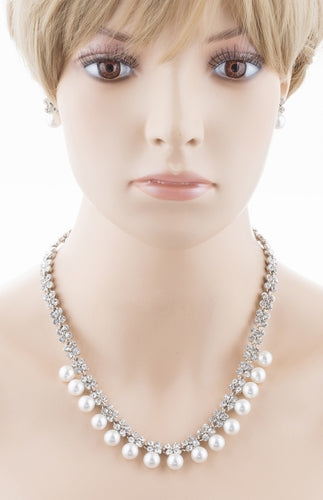 Bridal Wedding Jewelry Rhinestone Pearl Lovely Dangles Necklace Set J706 Silver - Accessoriesforever