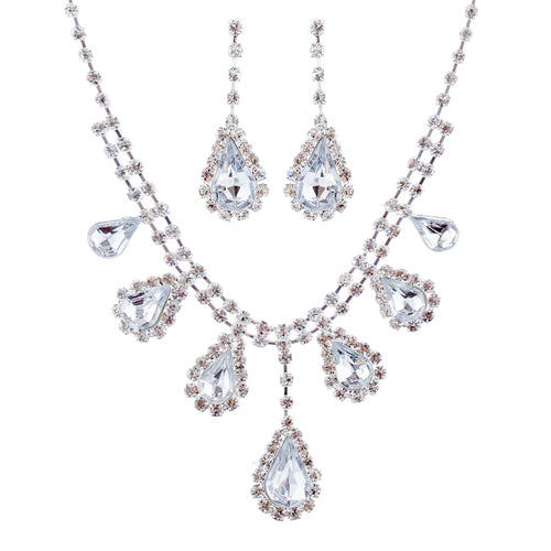 Bridal Wedding Jewelry Set Crystal Rhinestone Dangling Teardrops Silver - Accessoriesforever