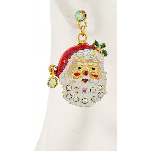 Christmas Jewelry Holiday Crystal Happy Santa Claus Dangle Earrings E1153 Gold - Accessoriesforever