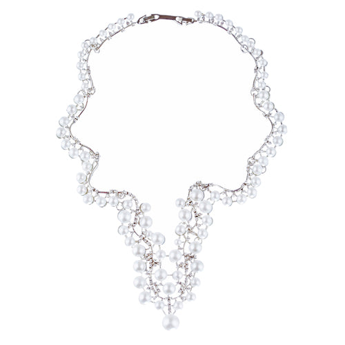 Bridal Wedding Jewelry Set Crystal Pearl Chunky V Drop Swirl Necklace Silver