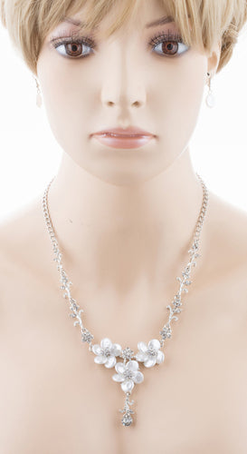Bridal Wedding Jewelry Crystal Rhinestone Lovely Floral Necklace Set J695 Silver