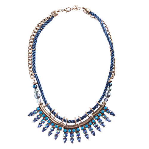 Statement Bib Style Curb Chain Bead Pearl Fabric Antique Gold Necklace Set Blue