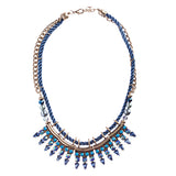 Statement Bib Style Curb Chain Bead Pearl Fabric Antique Gold Necklace Set Blue