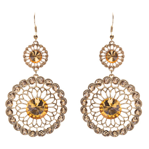 Vintage Crystal Circle Drop Rope Edge Earrings Gold