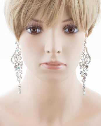 Bridal Wedding Jewelry Crystal Rhinestone Vintage Long Dangle Earring Silver - Accessoriesforever