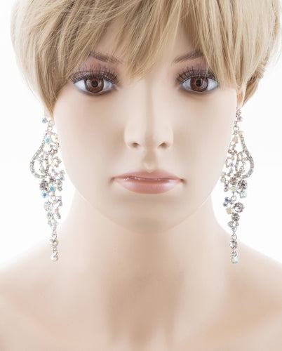 Bridal Wedding Jewelry Crystal Rhinestone Vintage Long Dangle Earring Silver - Accessoriesforever