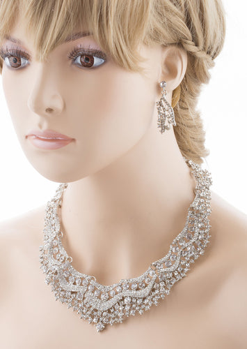 Bridal Wedding Jewelry Set Crystal Rhinestones Stunning Bib Necklace Silver - Accessoriesforever