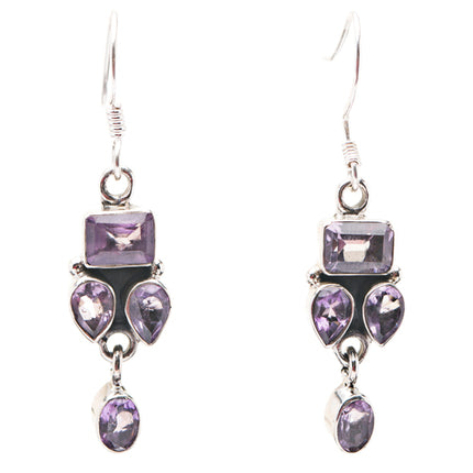 925 Sterling Silver Gemstones Natural Amethyst Dangle Earrings FJSE2184
