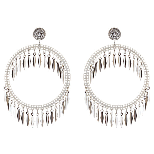 Draped Tassel Dangle Hoop Crystal Earrings Silver - Accessoriesforever