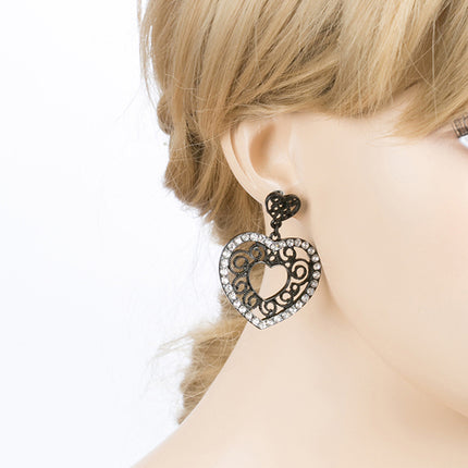 Sophisticated Crystal Rhinestone Heart Shape Dangle Fashion Earrings E313 Black - Accessoriesforever