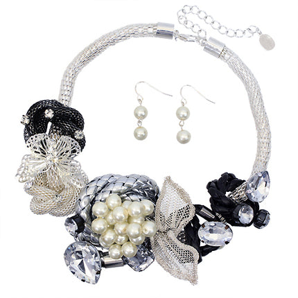 Floral Motif Knotted Mesh Chain Jewelry Set Silver