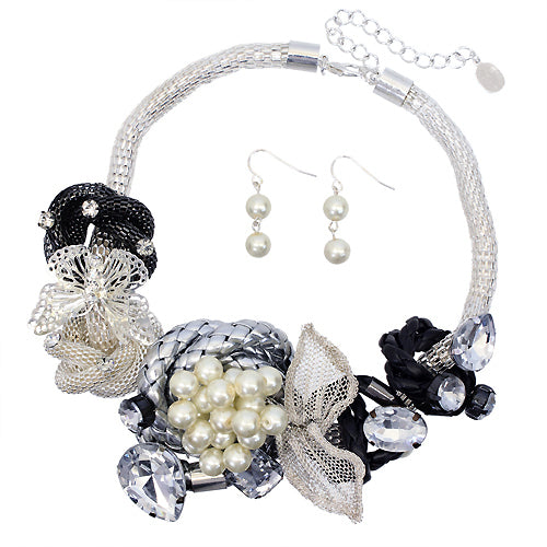 Floral Motif Knotted Mesh Chain Jewelry Set Silver
