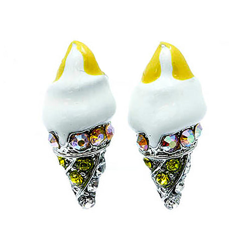 Sweet Cut Ice Cream Cone Crystal Rhinestone Enamel Stud Earrings Silver White