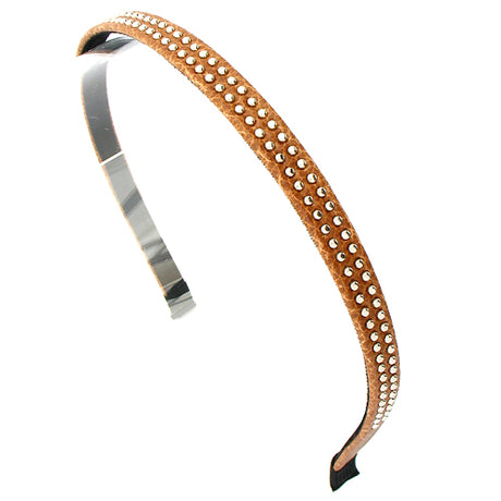 Double Row Silver Ball Stud Leatherette Brown Headband