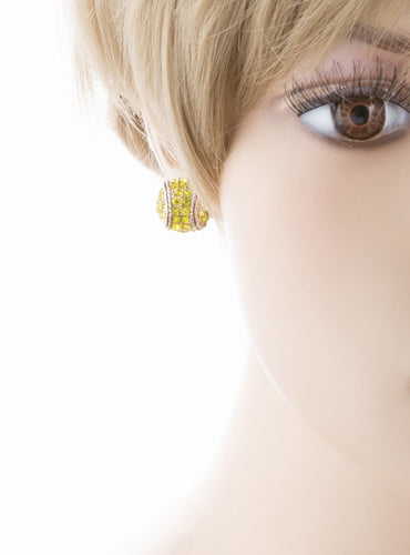 Sport Softball Crystal Rhinestone 14mm Drop Stud Fashion Earrings Silver Yellow