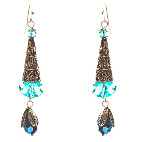 Bold Fashion Crystal Rhinestone Brassy Tear Drop Cone Design Earrings E841 Green