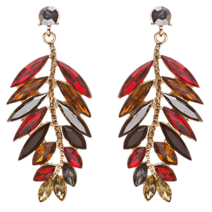 Stunning Beautiful Crystal Rhinestone Leaf Linear Drop Statement Earrings Red