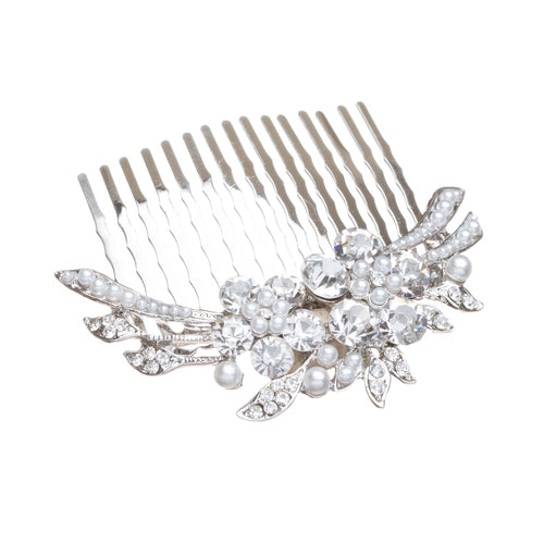 Bridal Wedding Jewelry Crystal Rhinestone Pearl Duo Flowers Hair Comb Pin Silver - Accessoriesforever