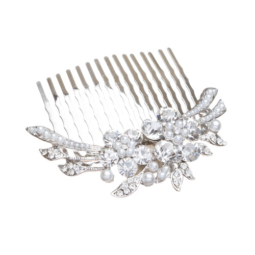 Bridal Wedding Jewelry Crystal Rhinestone Pearl Duo Flowers Hair Comb Pin Silver