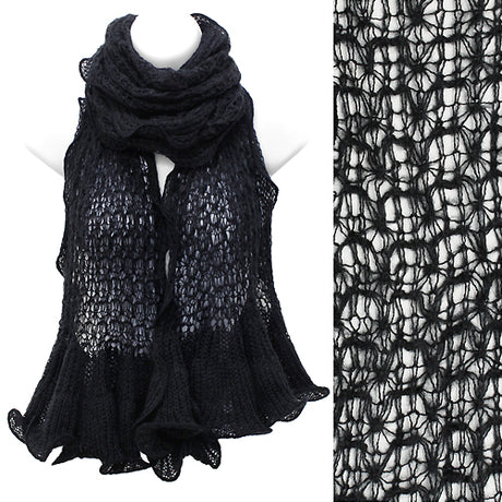 Beautiful Sweet Knit Lace Ruffle Edged Long Fashion Scarf Black