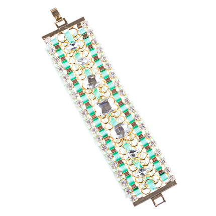Beautiful Stone Fabric Crystal Rhinestone Latch Fashion Wide Bracelet B456 Green