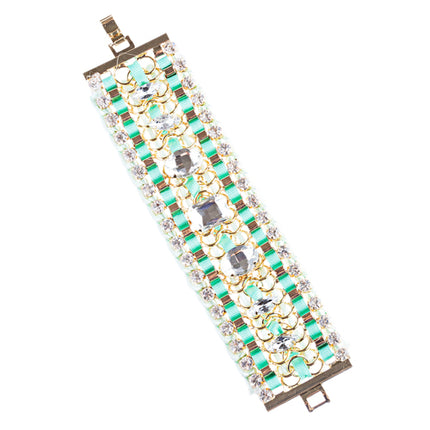 Beautiful Stone Fabric Crystal Rhinestone Latch Fashion Wide Bracelet B456 Green - Accessoriesforever