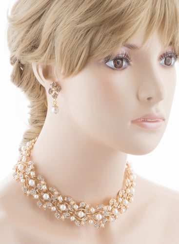 Bridal Wedding Jewelry Set Necklace Rhinestone Pearl Leaf Gold Ivory Cream