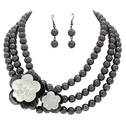 Flower Bead Strand Necklace Earring Set Hematite