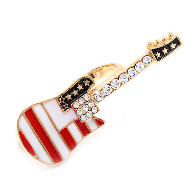 Patriotic American Flag Crystal Rhinestone Guitar Fashion Stretch Ring Gold - Accessoriesforever