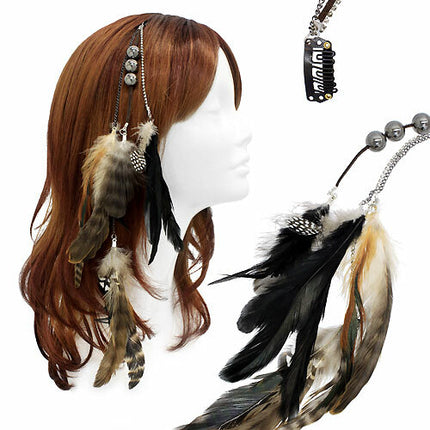 Feather Beaded Hair Extension Mini Hair Clip Comb Leather Cord Camel Black - Accessoriesforever