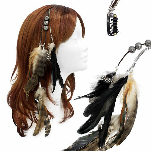 Feather Beaded Hair Extension Mini Hair Clip Comb Leather Cord Camel Black