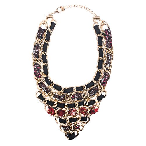 Unique Fashion Trendy Leatherette Braided Bib Design Statement Necklace Set Red