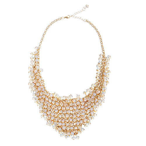 Gorgeous Glass Bead Drape Bib Style Design Statement Necklace Set Gold Beige