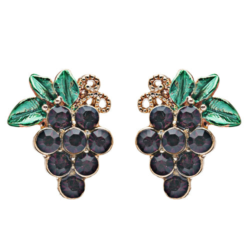 Adorable Crystal Rhinestone Grape Fruit Charm Stud Post Earring E489 Gold Purple