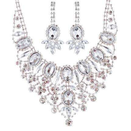 Bridal Wedding Jewelry Set Crystal Rhinestone Luxurious Dazzle Necklace Silver - Accessoriesforever