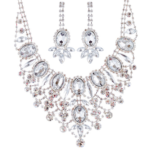 Bridal Wedding Jewelry Set Crystal Rhinestone Luxurious Dazzle Necklace Silver