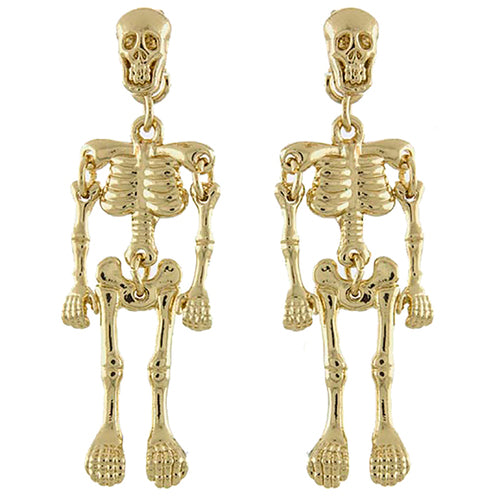 Halloween Costume Jewelry Enamel Dangling Skull Ornate Drop Earring E1140 Gold