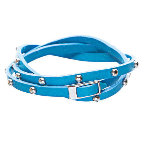 Silver Studded Italian Calf Leather Wrap Bracelet Ocean Blue