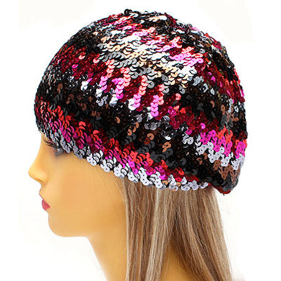 Sparkle Glitter Sequin Lightweight Fashion Beanie Hat Multi-Colored Fuchsia Pink