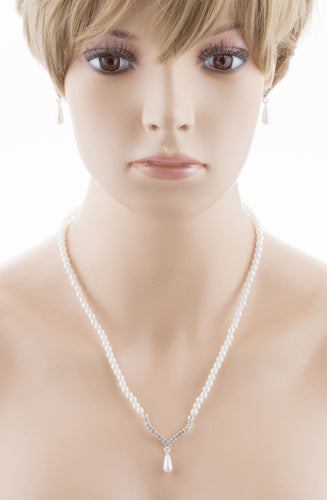 Bridal Wedding Jewelry Set Crystal Rhinestone Teardrop Pearl Soft V Necklace