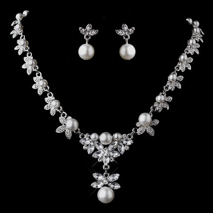 Bridal Wedding Jewelry Set Rhinestone Pearl Floral Drop