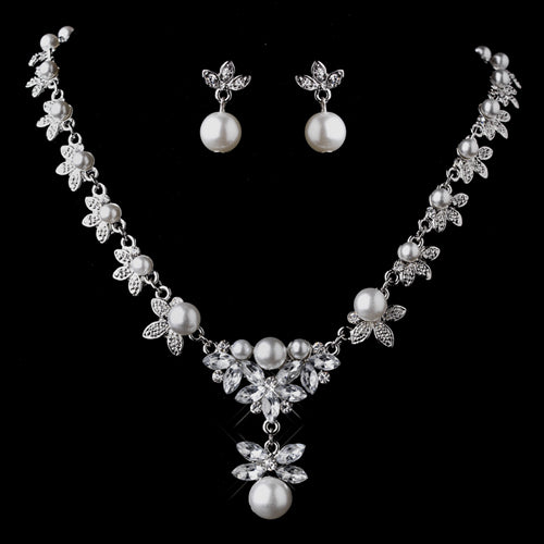 Bridal Wedding Jewelry Set Rhinestone Pearl Floral Drop