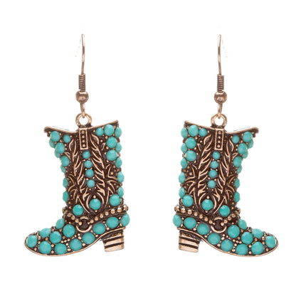 Gorgeous Fun Cowboy Boots Unique Dangle Fashion Earrings Antique Gold Turquoise