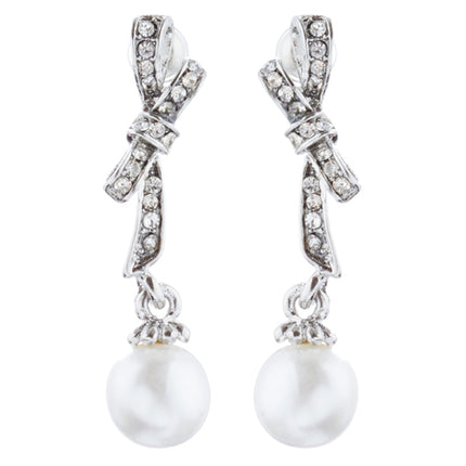 Bridal Wedding Jewelry Crystal Rhinestone Knot Pearl Dangle Earrings Silver - Accessoriesforever