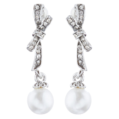 Bridal Wedding Jewelry Crystal Rhinestone Knot Pearl Dangle Earrings Silver - Accessoriesforever