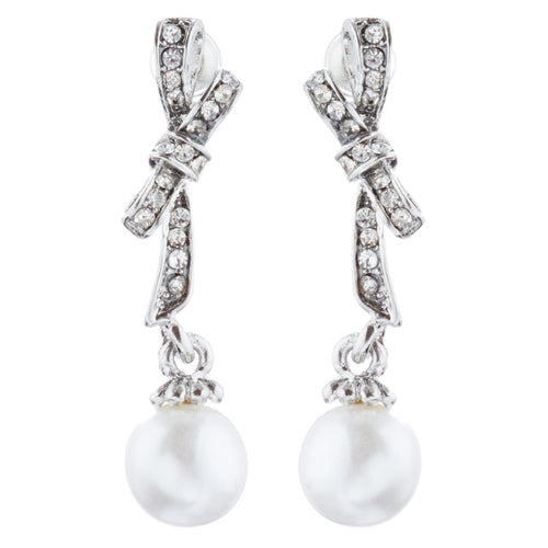 Bridal Wedding Jewelry Crystal Rhinestone Knot Pearl Dangle Earrings Silver