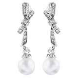 Bridal Wedding Jewelry Crystal Rhinestone Knot Pearl Dangle Earrings Silver